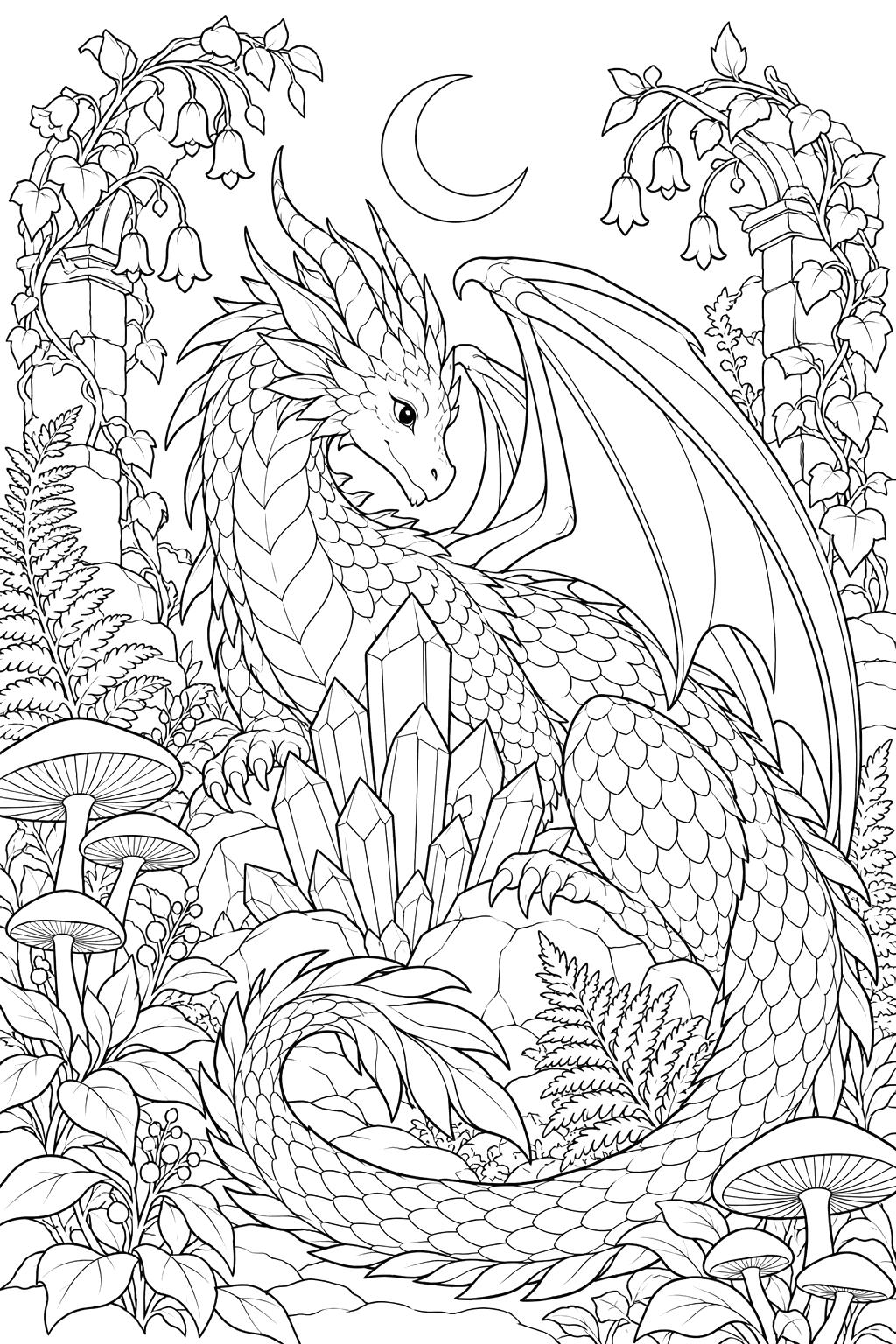 A detailed dragon coloring page with lots of scales to shade