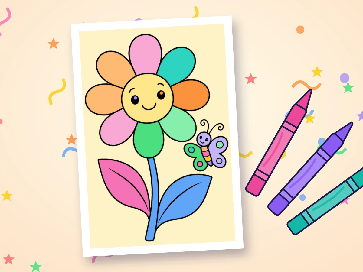 A finished, brightly colored flower page next to crayons